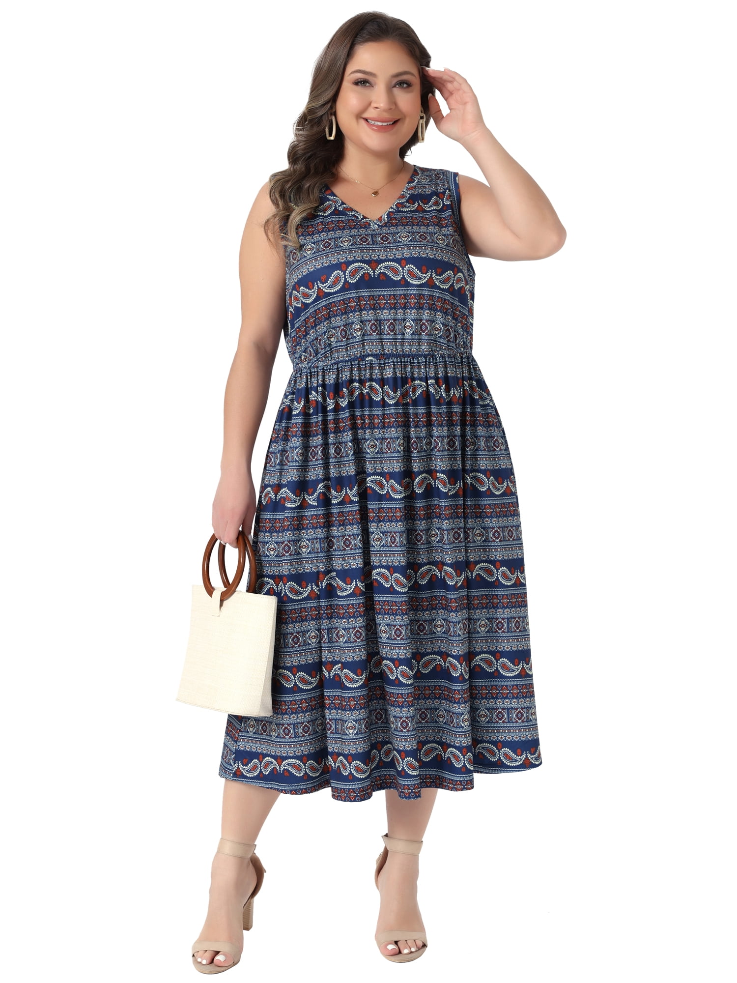 DARING DIVA Women's Plus Summer Boho V Neck Sleeveless Midi Dress 1X Navy Blue