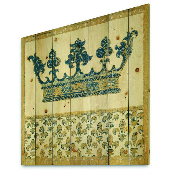 Designart 'Gold Crown Fleur de Lis' Ornate Glam Print on Natural Pine Wood