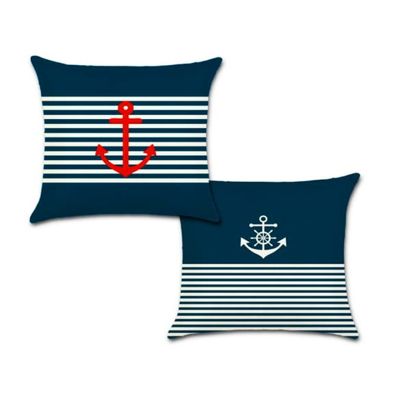 Set of 2 Pillow Covers 18x18, Anchor and Blue and White Stripes Designs / Cotton Linen Fabric Decorative Indoor / Outdoor Throw Pillow Case Set 45x45cm