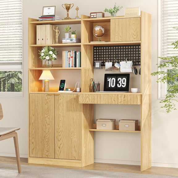 Winkalon Executive Desk with Hutch & Power Outlets, Fluted Wood Writing Study Table, Home Office Computer Desk with Open Shelves and Drawers, White