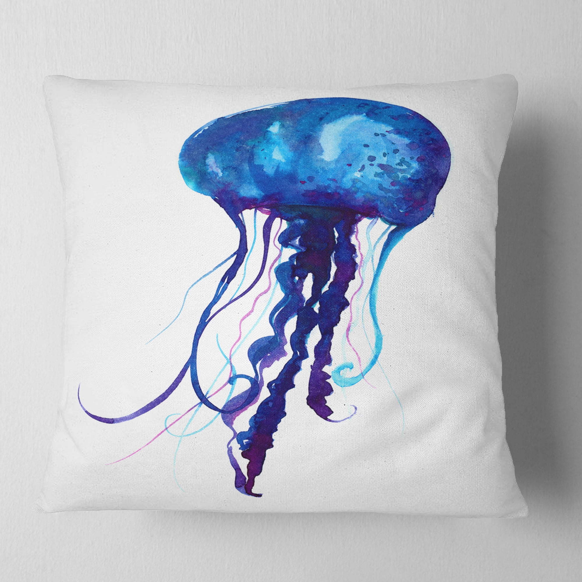Designart Dark Blue Jellyfish Watercolor - Animal Throw Pillow - 16x16