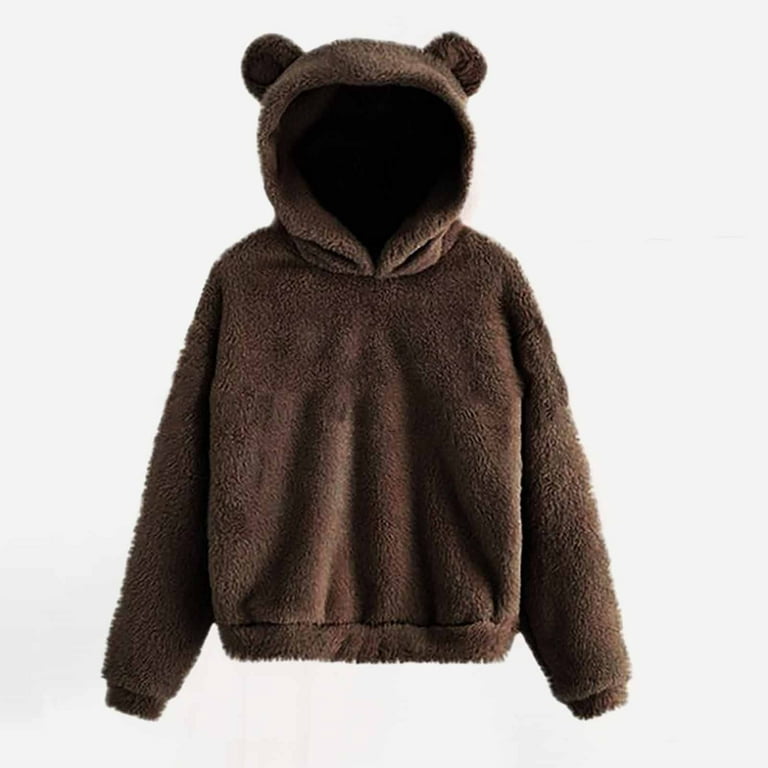 XFLWAM Bear Hoodie Women Fuzzy Pullover Sweater Sherpa Fleece Hooded  Sweatshirt Furry Cute Animal Hoodies with Ears Brown XXL 