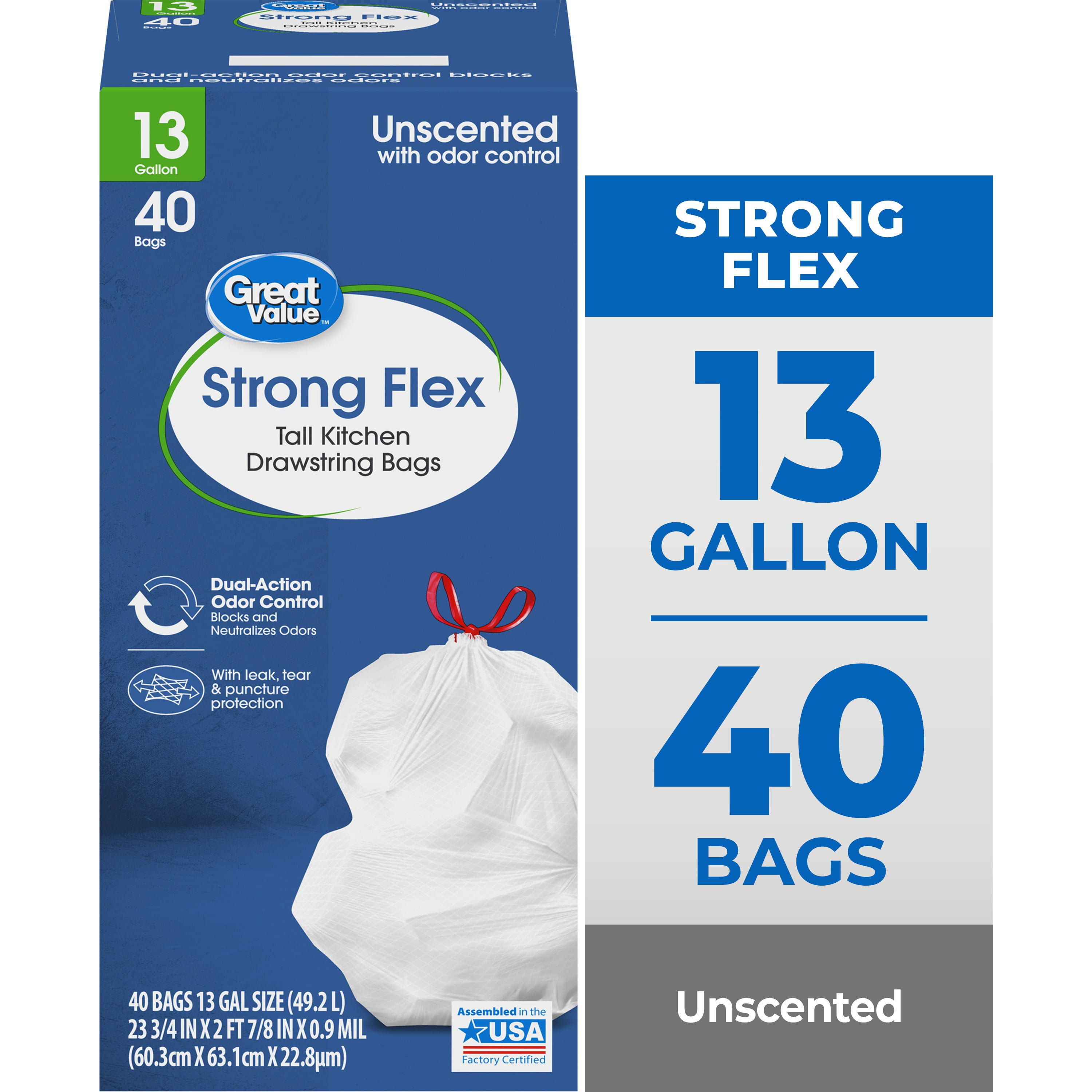 (6 pack) Great Value Strong Flex Tall Kitchen Drawstring Bags, 13 Gallon, Unscented, 40 Count