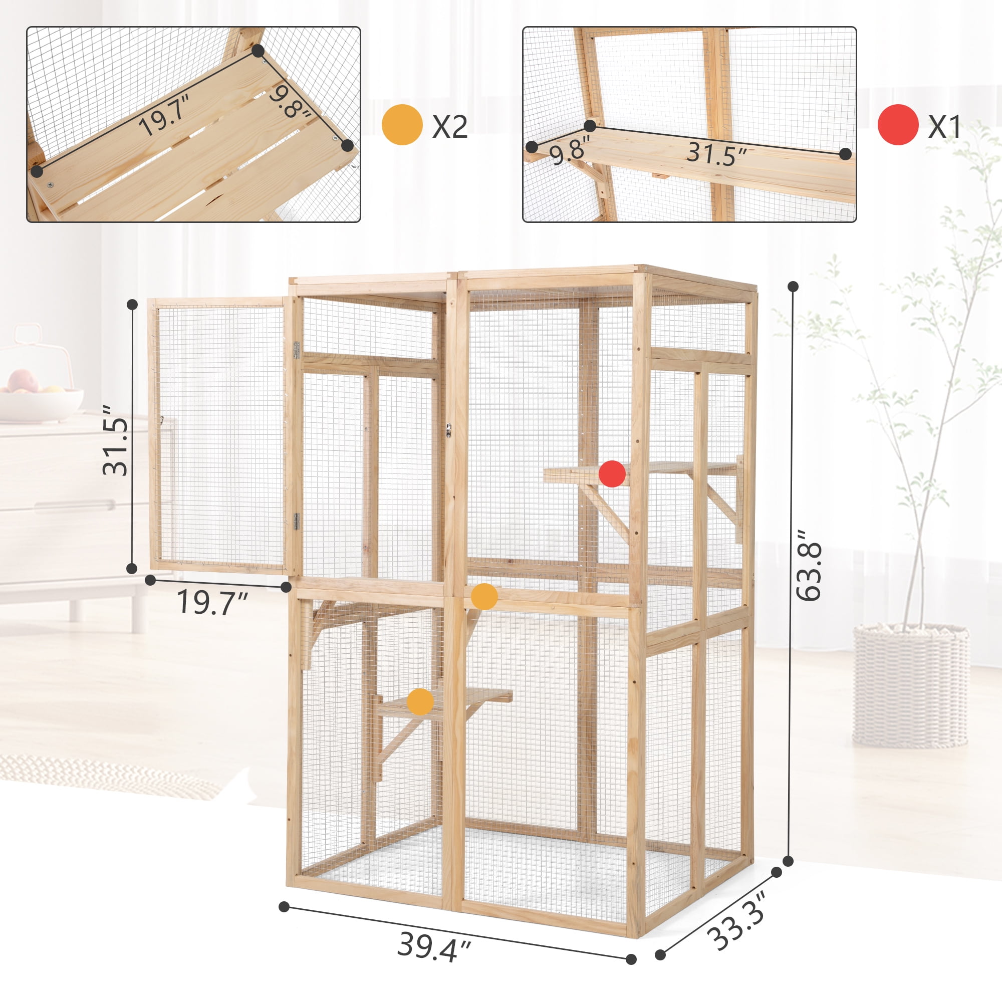 Pefilos 64" Cat House Outdoor Catio Cat Enclosures Wooden Kitty House with Platforms, Waterproof Roof, Hammock, Beige Pefilos 64" Cat House Outdoor Catio Cat Enclosures Wooden Kitty House with Platforms, Waterproof Roof, Hammock, Beige