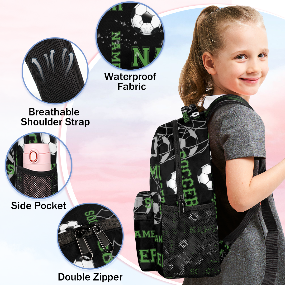 Jiaoprinted Custom Soccer Backpack with Name, Personalized Lightweight Casual Daypack for Women Men, Customized 18 Inch Travel Back Pack