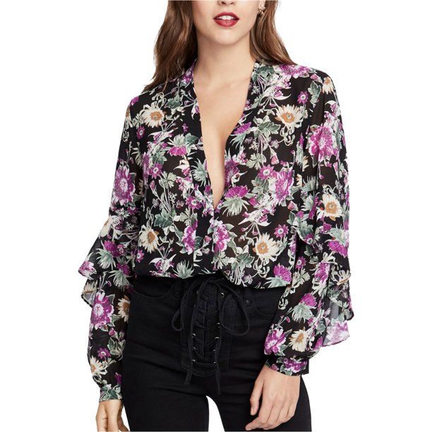 Rachel Roy Blusa floral con botones para mujer, negra, pequeña