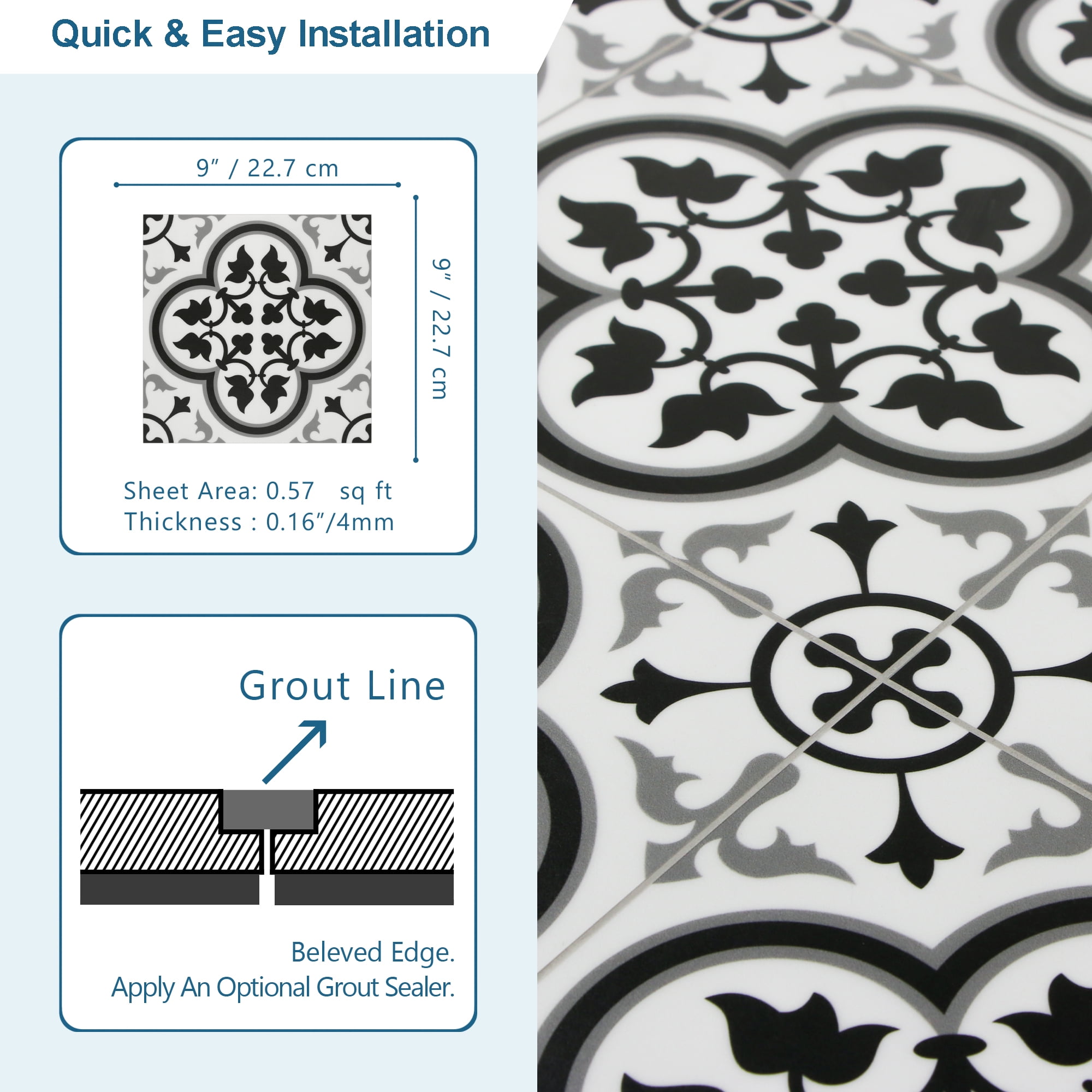Sunwings Patterned Peel and Stick backsplash Wall and Floor Tile 9x9 Self Adhesive Vinyl Flooring, 16 Tiles/9.12 Sq. ft.