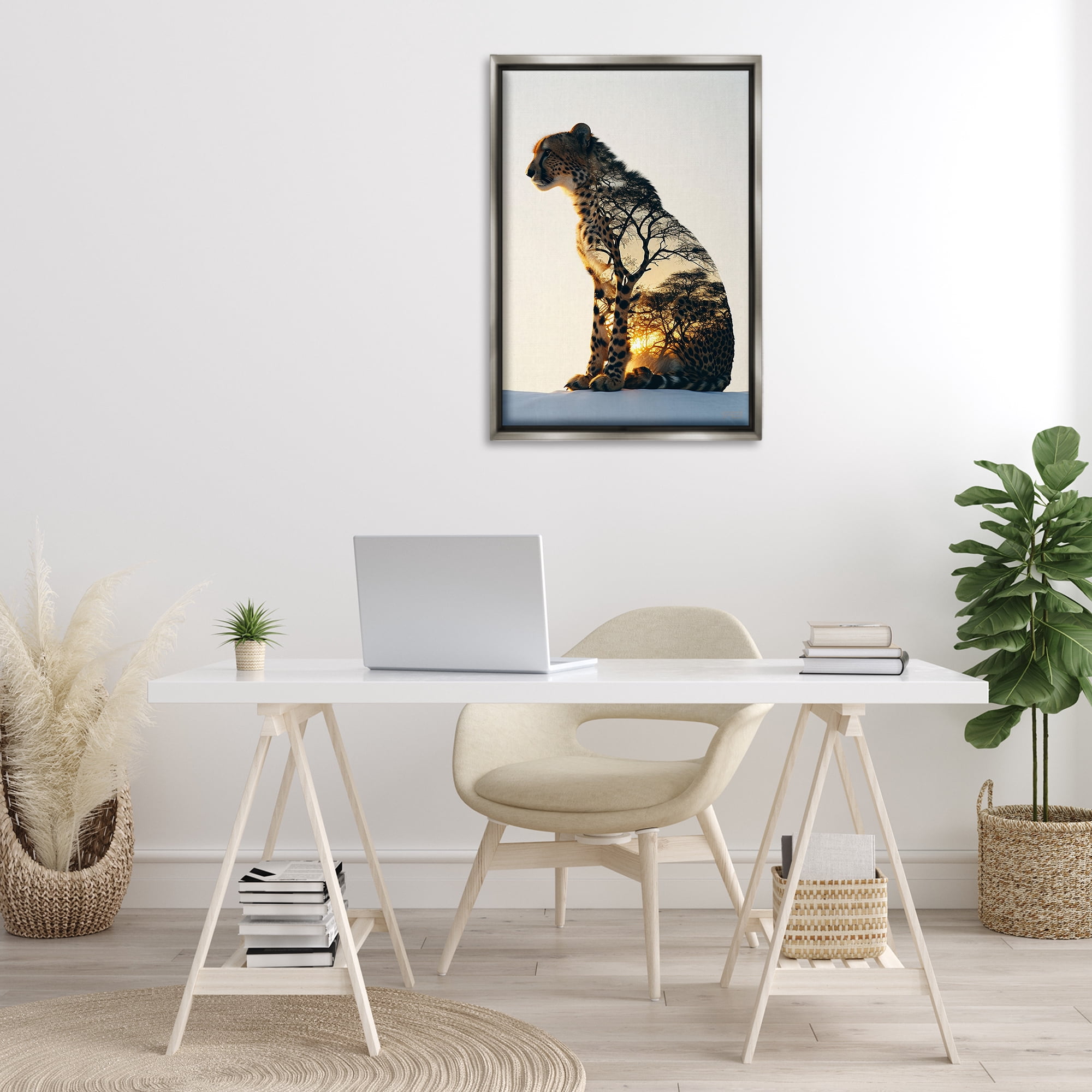 Stupell Industries Leopard with Silhouette Animals & Insects Painting Gray Floater Framed Canvas Art Print Wall Art, 21 x 31