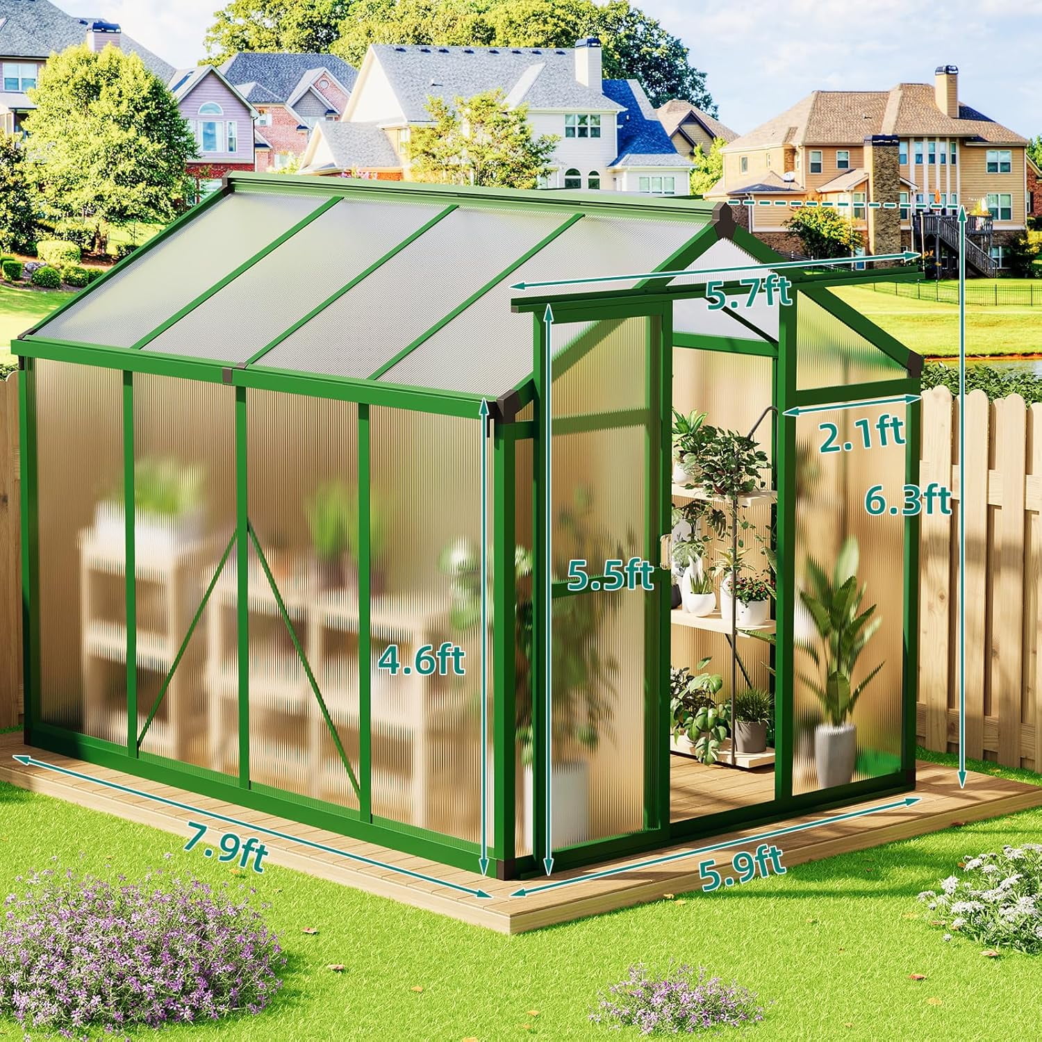 6x8 FT Walk-in Greenhouse for Outdoors – Aluminum Frame, Polycarbonate Panels, Roof Vent, Rain Gutter, Sliding Lockable Door, Easy Setup for Garden & Backyard, Green