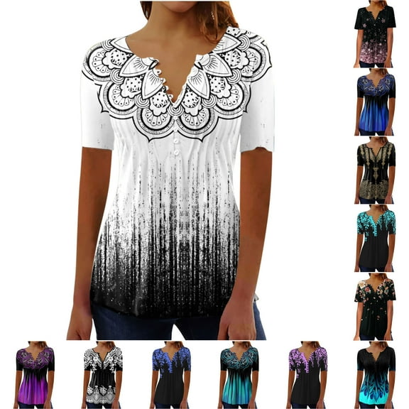 Jacenvly 2024 short sleeve summer shirts for women Fashion Women Casual Printing Loose Tee Tops Tunic Blouse Quick drying Multicolor Ruffle Trim Flouncev neck t shirts plus size tops Black