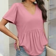 thumbnail image 4 of TQWQT Summer Tops for Women Short Sleeve Peplum Vneck Tunic Top Puff Sleeve Loose Tshirts Solid Color Tees Blouses Beach Vacation Clothes Pink XL, 4 of 5