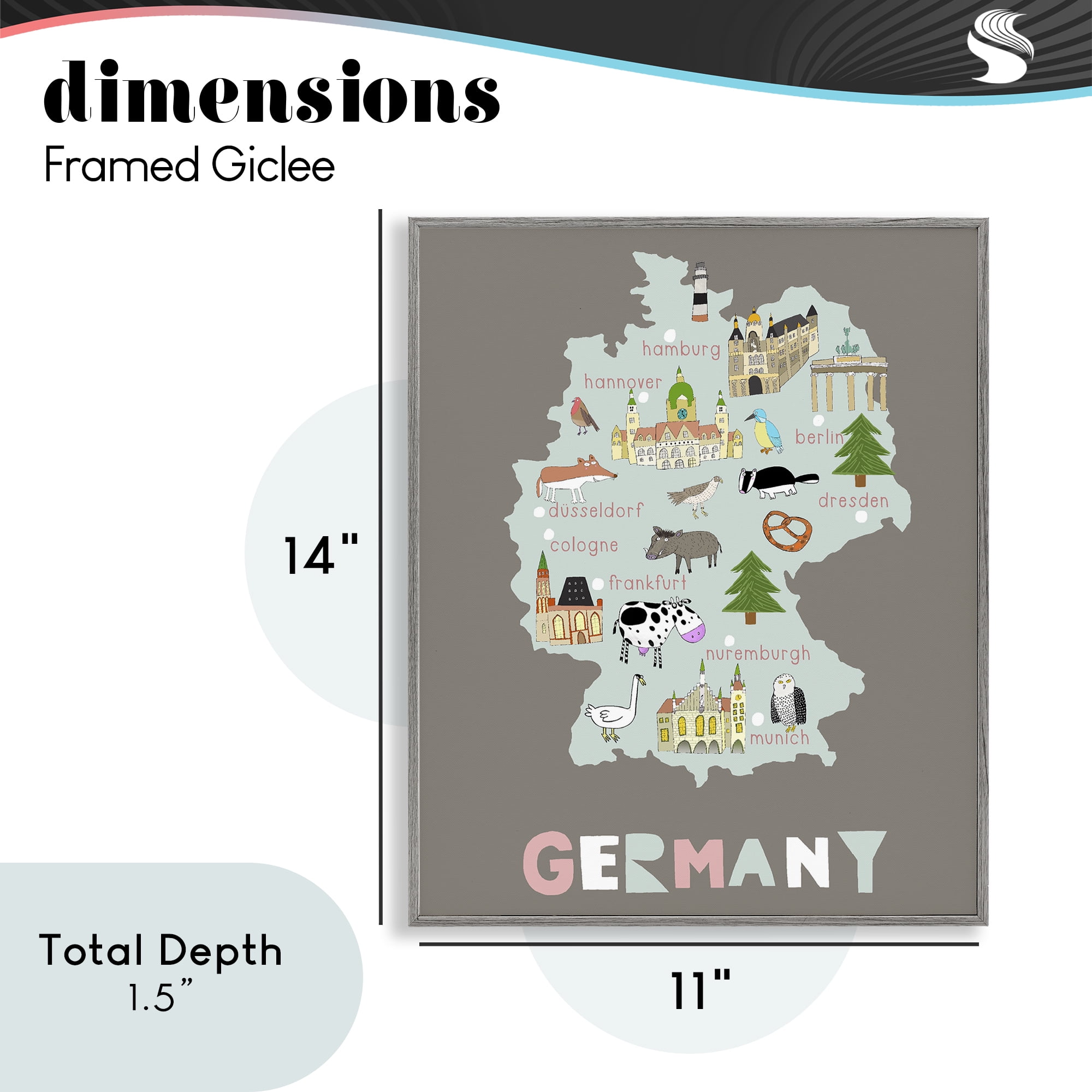 Kid's Map of Germany Gray Framed Giclee Art, design by Carla Daly