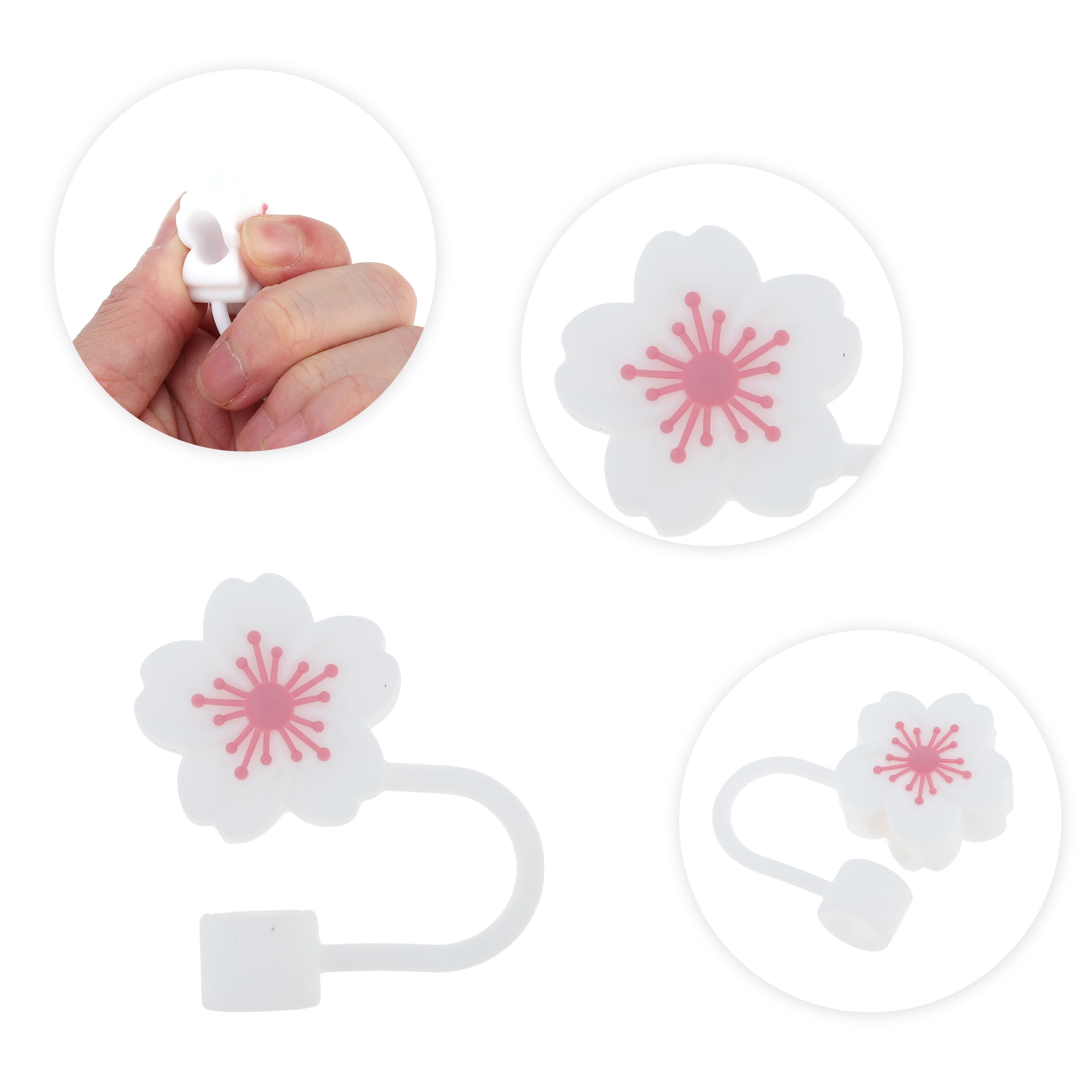 Unique Bargains 4Pcs Begonia Flower Straw Cover Cap For Cup Accessories White Pink