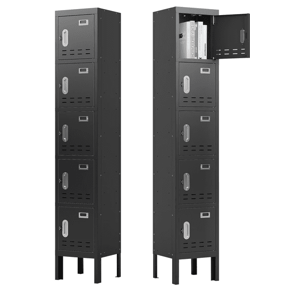Sapital Metal Locker Storage Cabinet with 5 Door Lockable Storage Locker with Card Slot and Hook for Office Gym School Office Home