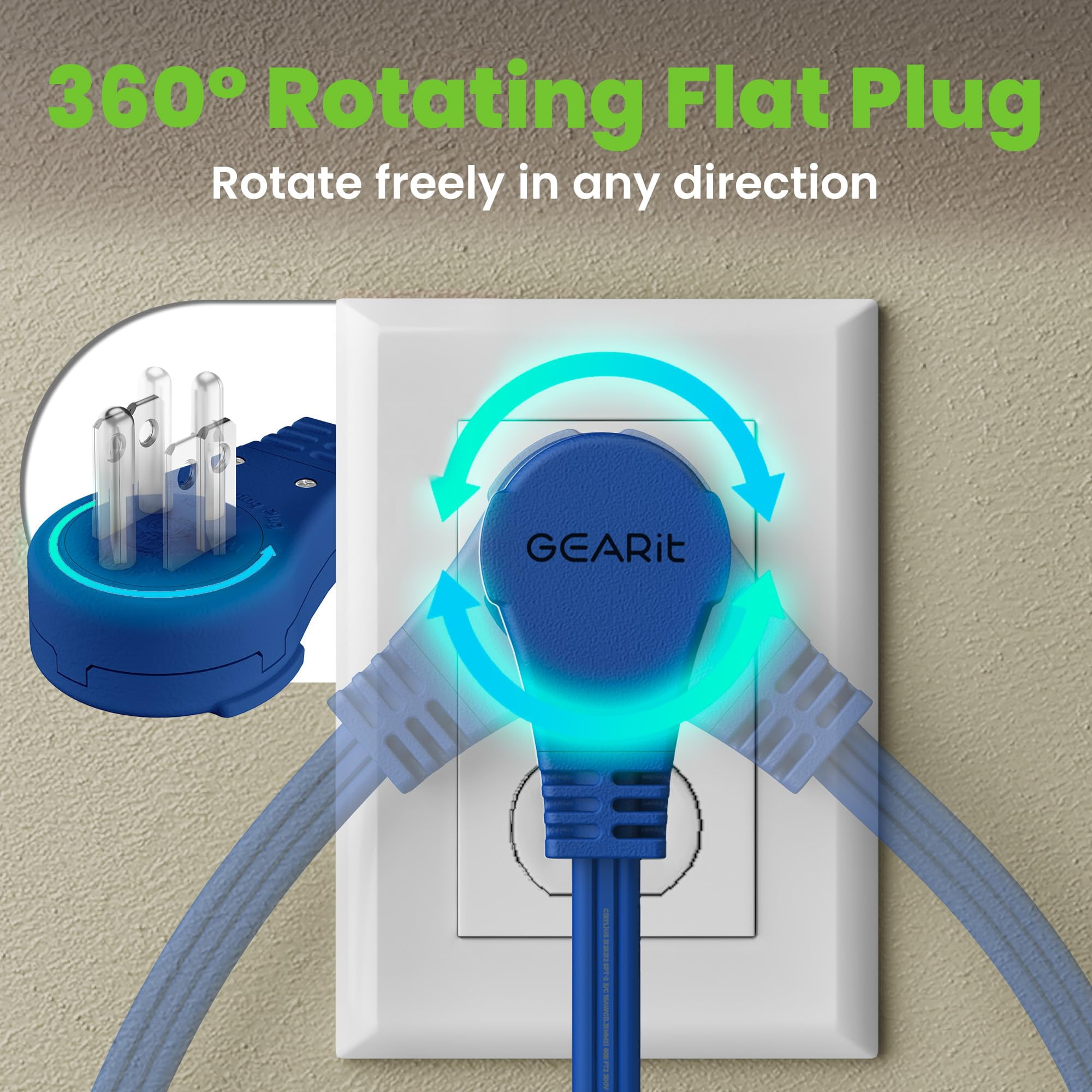 GEARit 360 Rotating Flat Plug Extension Cord with 3 Outlets (25ft, Navy) 16AWG/13A 3 Prong Wire, Outlet Saver for Home Office Dorm Room Essentials, ETL Certified