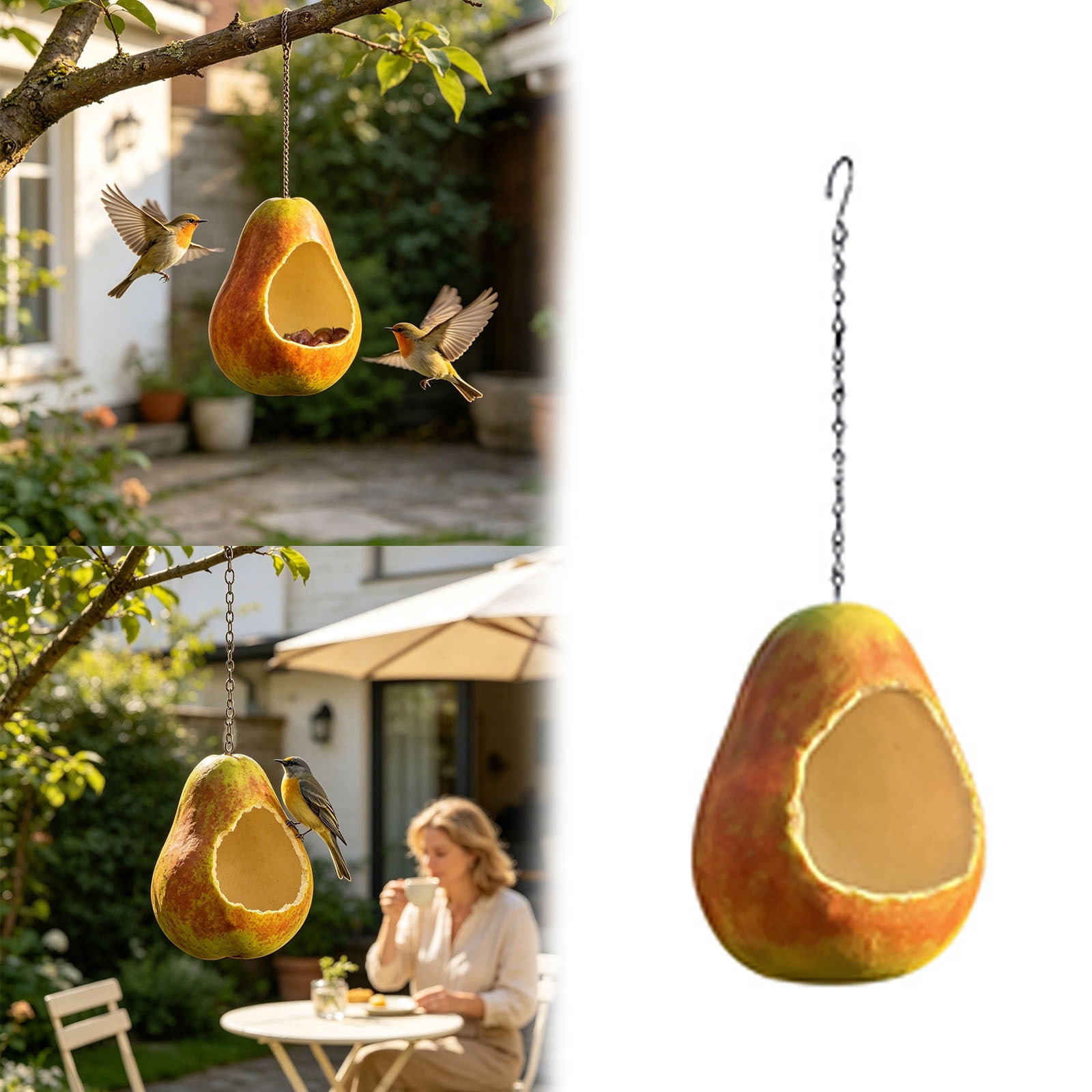 Lifelike Pear Resin Hanging Bird Feeder Heavy Duty Metal Chain Hook Outdoor Backyard Tree Patio Lawn Wild Bird Daily Feeding Decor Accessory