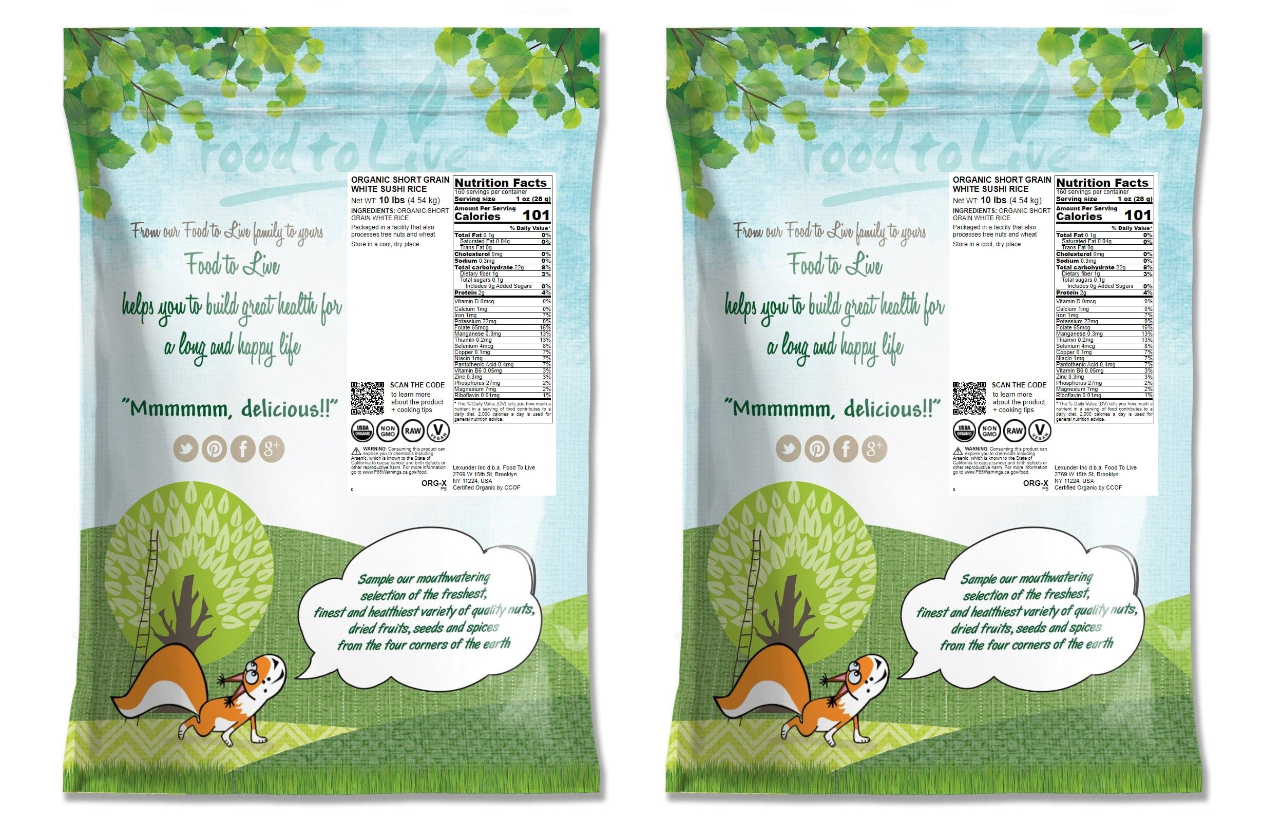Organic Short Grain White Sushi Rice, 20 Pounds — Non-GMO, Kosher, Raw, Vegan — by Food to Live