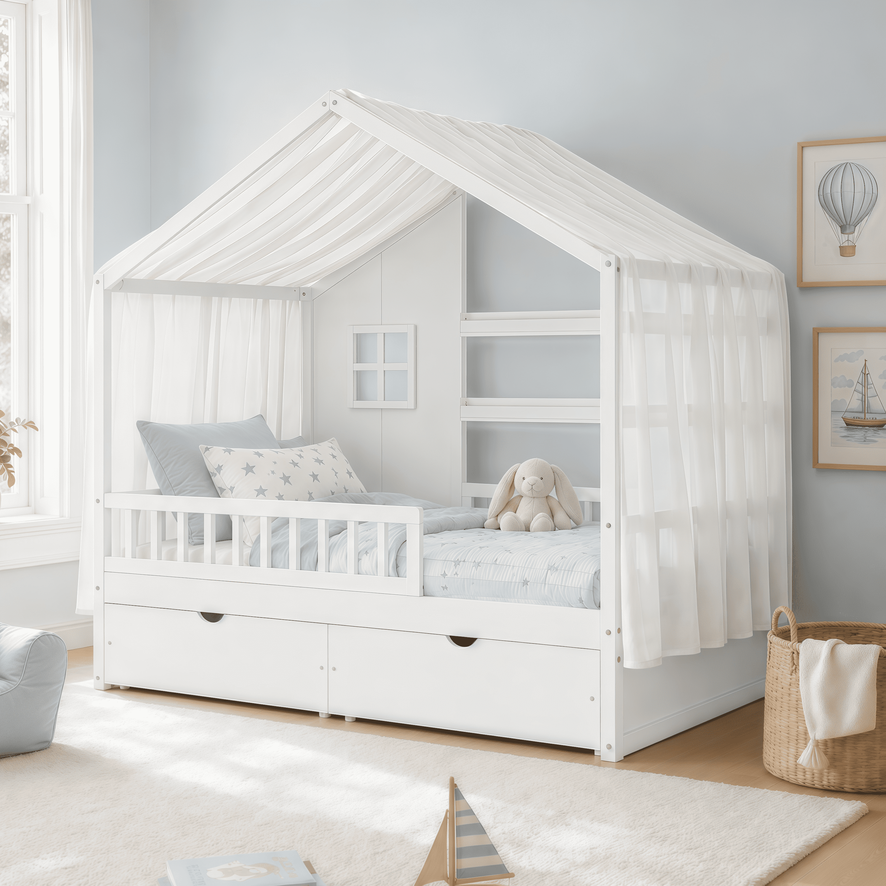 Euroco Wood Twin Size House Bed with Roof and Curtains, Montessori Floor Bed with Drawers and Safety Guardrails,No Box Spring Needed, White