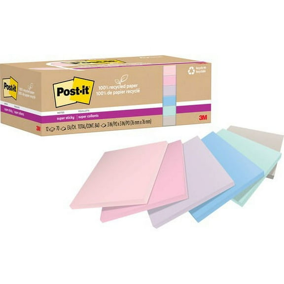 Post-it® Recycled Super Sticky Notes - 70 - 3" x 3" - Square - 70 Sheets per Pad - Wanderlust Pastels - Adhesive - 12 / Pack | Bundle of 2 Packs