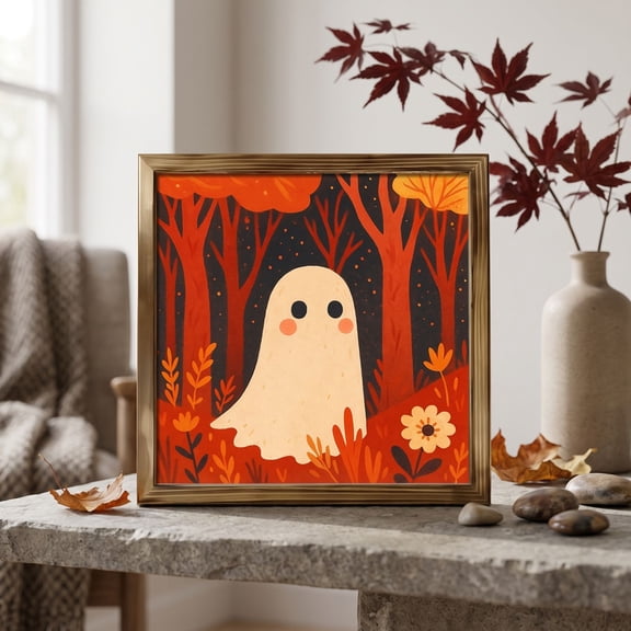 VAIFTILNO Halloween Decorations Natural Wood Framed Cute Ghost Halloween Wall Art Print Wooden Framed Decor Picture Spooky Ghost Illustration Wall Hanging Decor For Bedroom L