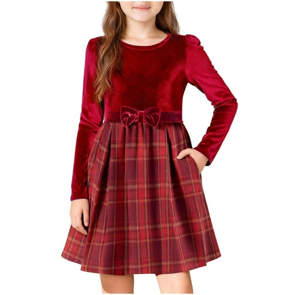 Posijego Girls Velvet Dresses with Pockets Plaid Patchwork Bow Waist Velour Dress Party Christmas Clothes