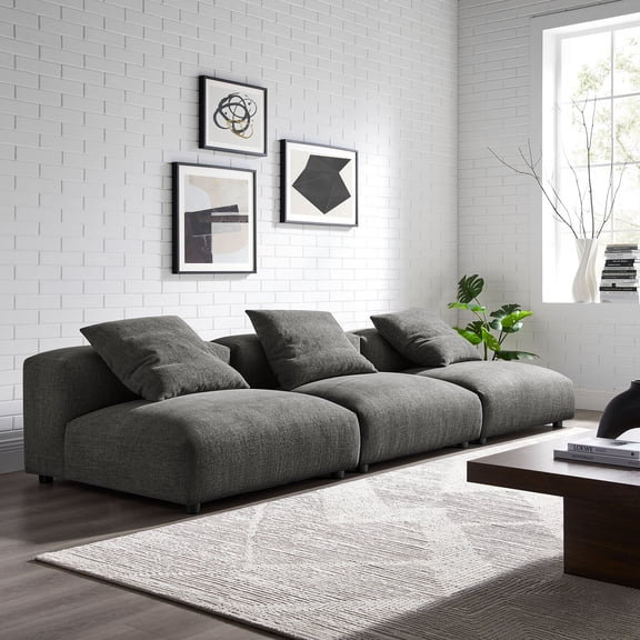 Modway Solace 3-Piece Modular Upholstered Fabric Sofa in Charcoal