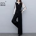 thumbnail image 3 of Monos elegantes ajustados de cintura alta y pierna ancha para mujer, moda coreana, conjuntos de dos piezas falsos de manga larga, pantalones de una pieza para oficina, 3 of 5