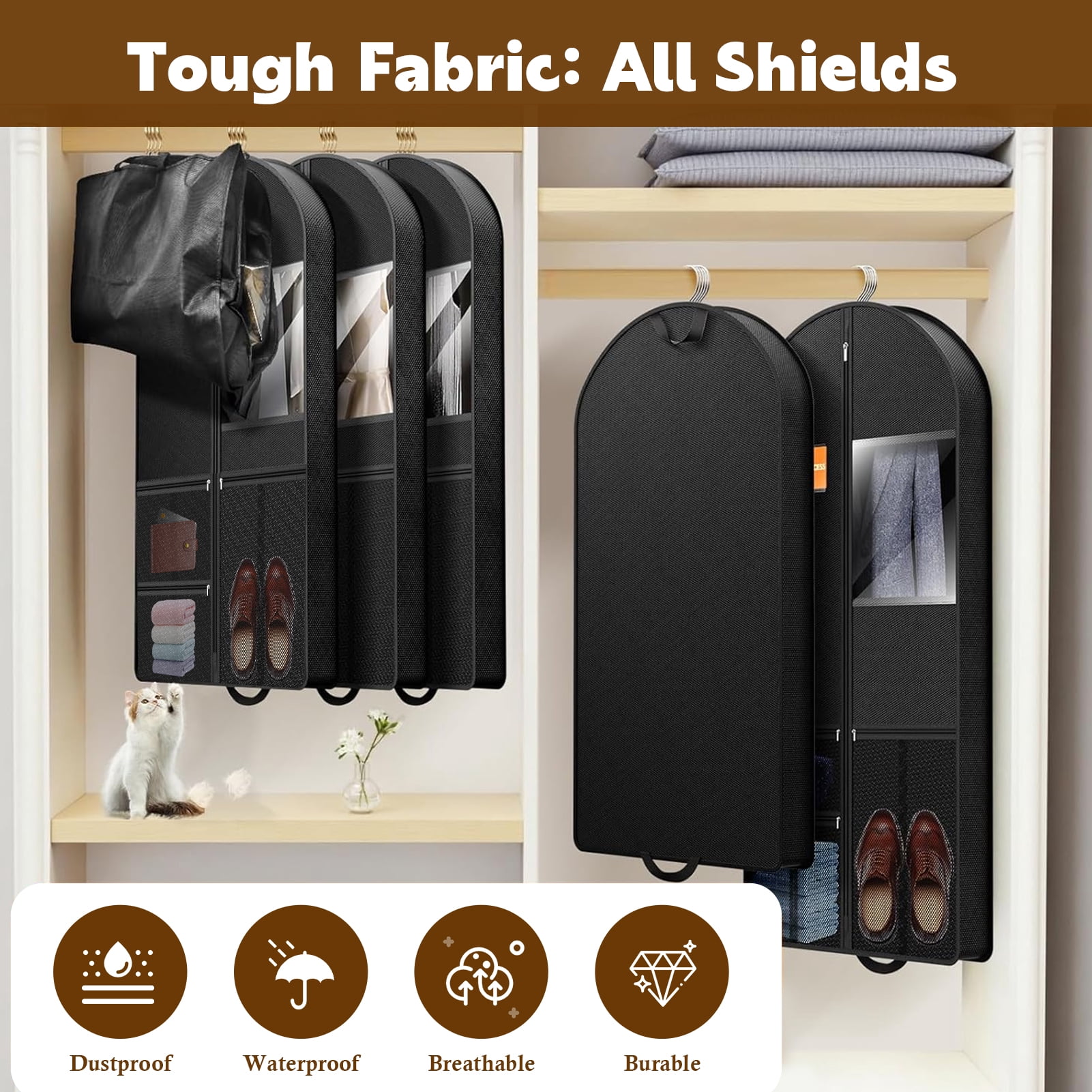 Godance 3 Pcs 43" Garment Bags  for Travel, 3" Gusseted Foldable Garment Bags for Hanging Clothes, Heavy Duty Dress Suit Bag with 3 Pockets, Waterproof Garment Bags for Suits, Coats, Jacket, Shirt