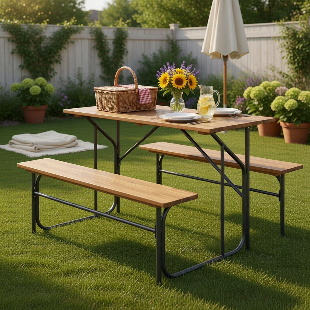 Hommoo Acacia Wood Outdoor Picnic Table & Bench Set for 2, Heavy-Duty Metal Frame, 52-inch Seating, Ideal for Backyard, Patio, Balcony, Black & Natural