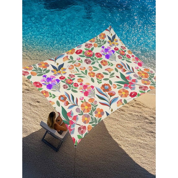 Boho Floral Sun Shade Sail 8' x 10', Colorful Flower Watercolor Botanical Beige Rectangle Outdoor Sunshade Canopy, Waterproof UV Block Patio Covers for Garden Yard Beach