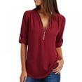 thumbnail image 1 of Women's Tunic Tops Zip Front V-Neck 3/4 Cuffed Rolled Long Sleeve Tunic Shirt Blouses Plus Size S-5XL, 1 of 6