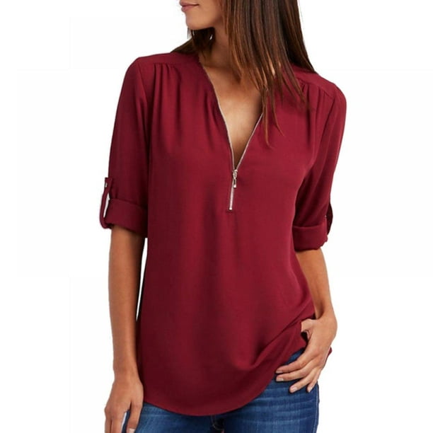 Womens V Neck Zip Cuffed Sleeve Flowy Business Casual Work Tunic Tops ...