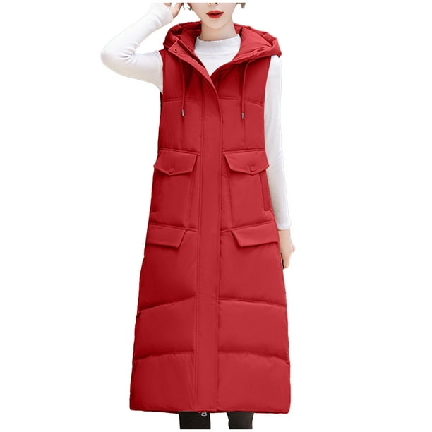 Chaqueta larga de invierno sin mangas con bolsillos para mujer, de algodón y plumón