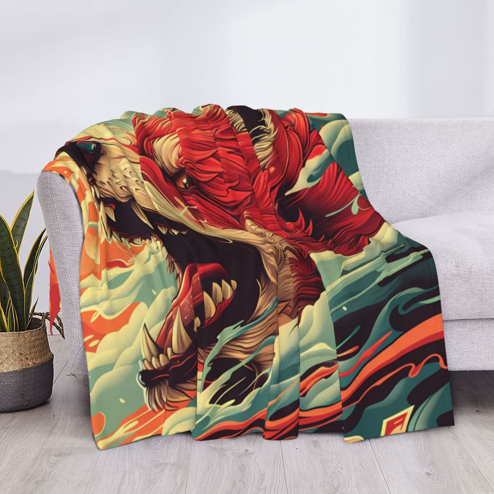 Throw Blanket for Couch - Fiery Wild Dog Illustration Soft Comfy Lightweight Cozy Warm Throw Blanket, Fuzzy Plush Flannel Blanket & Throws for Sofa and Bed All Season