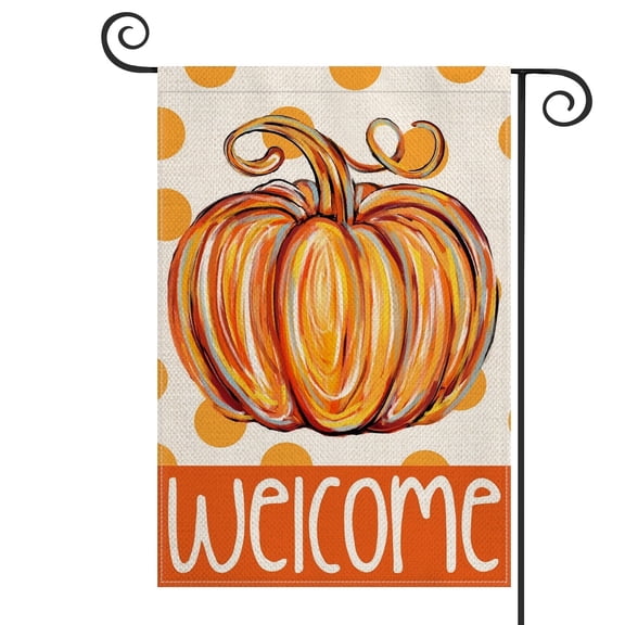 Sm:)e Welcome Pumpkin Fall Garden Flag 12x18 Inch Double Sided, Autumn Small Banner Yard Sign Outside Decoration