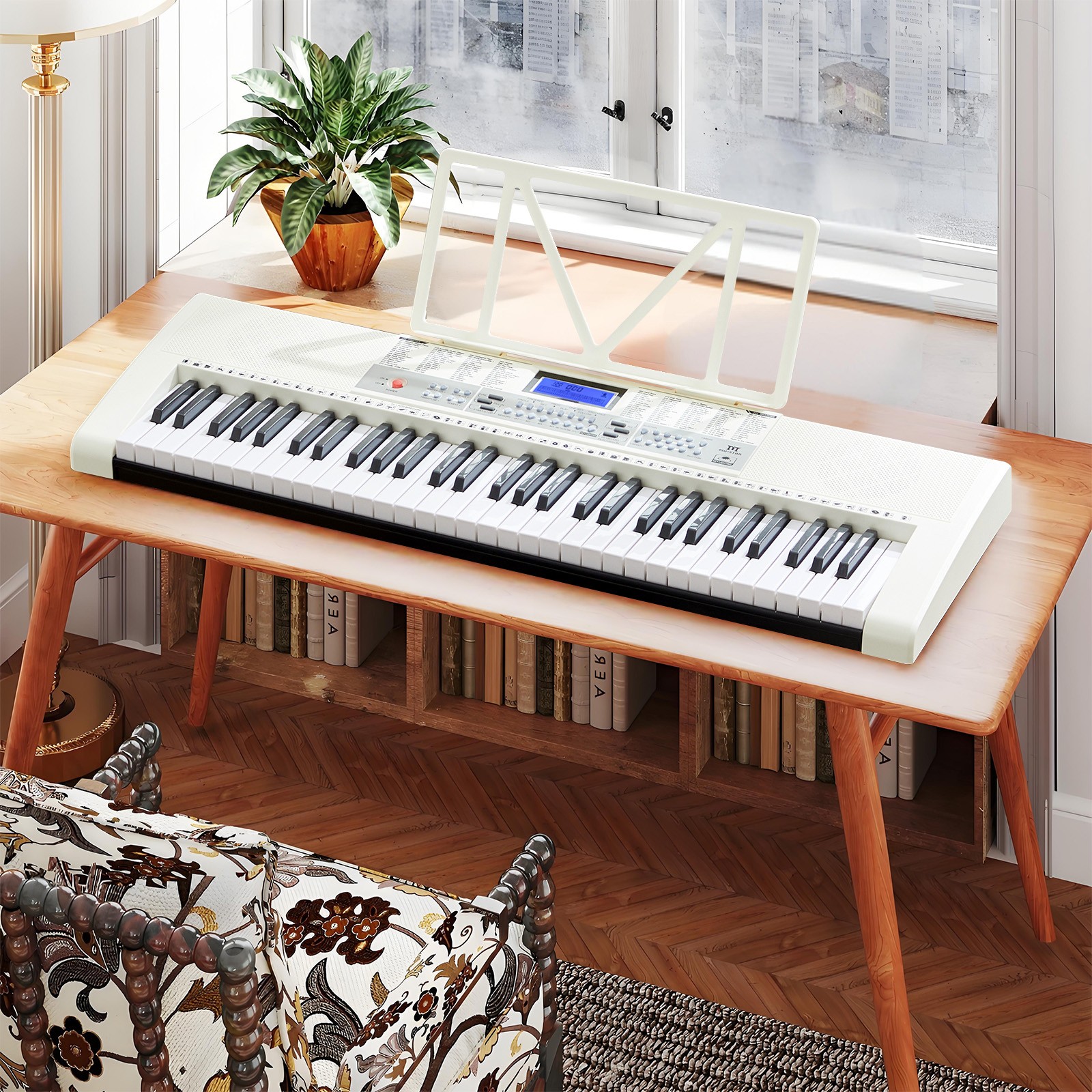 White Portable 61 Keys Electric Piano Keyboards with Lighted Up Keys,255 rhythms,Bench,Stand,Headphone,Microphone