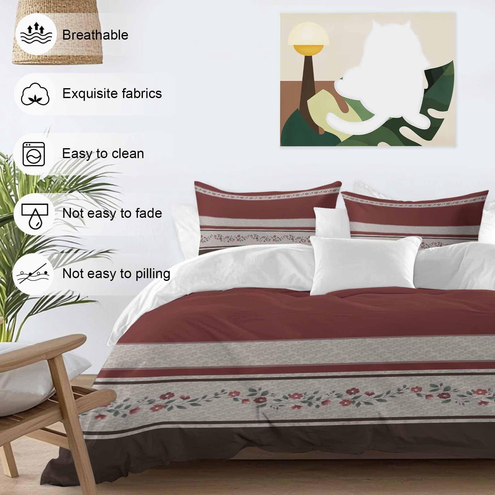 Red Floral Bedding 3 Piece Duvet Cover Set California King, Modern Farmhouse Leaves Brown Striped Microfiber Comforter Cover with Zipper Closure & Pillowcases, Wrinkle & FadeResistant Quilt Cover