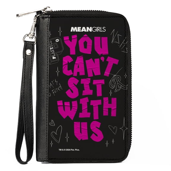 Paramount Wallet, Zip Around, Mean Girls You Cant Sit with Us Doodles Black Pink, Vegan Leather