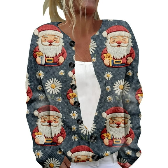 KHONTS Christmas Cardigan Sweaters for Women 2025 Funny Xmas Open Front Button down Cardigans Long Sleeves Coat 26-Grey XL