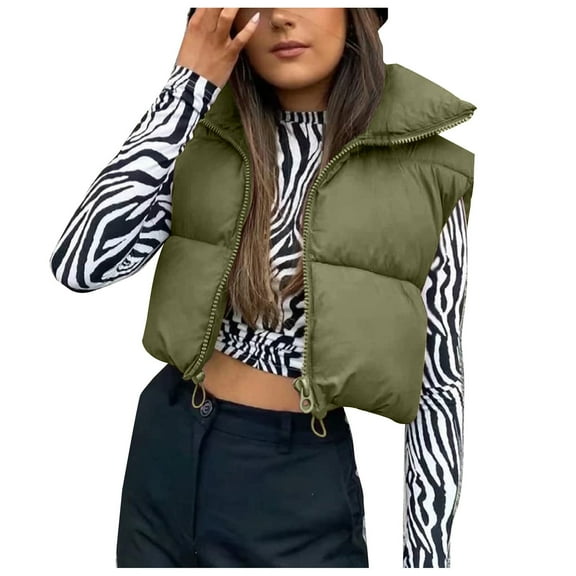 Niaviben Puffy Vest Women Cropped Puffer Vest Warm Vest for Women Sleeveless Vest Womens Winter Coat Jackets for Women Trendy Women Shirts Casual Army Green L