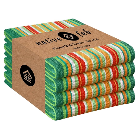 Native Fab Mexican Salsa Stripe Kitchen Towels, 4 Pack, 18x28 Inches, 100% Cotton, Soft, Super Absorbent Dish Towels for Drying Dishes, Everyday Kitchen Use, Reusable, Washable, Green