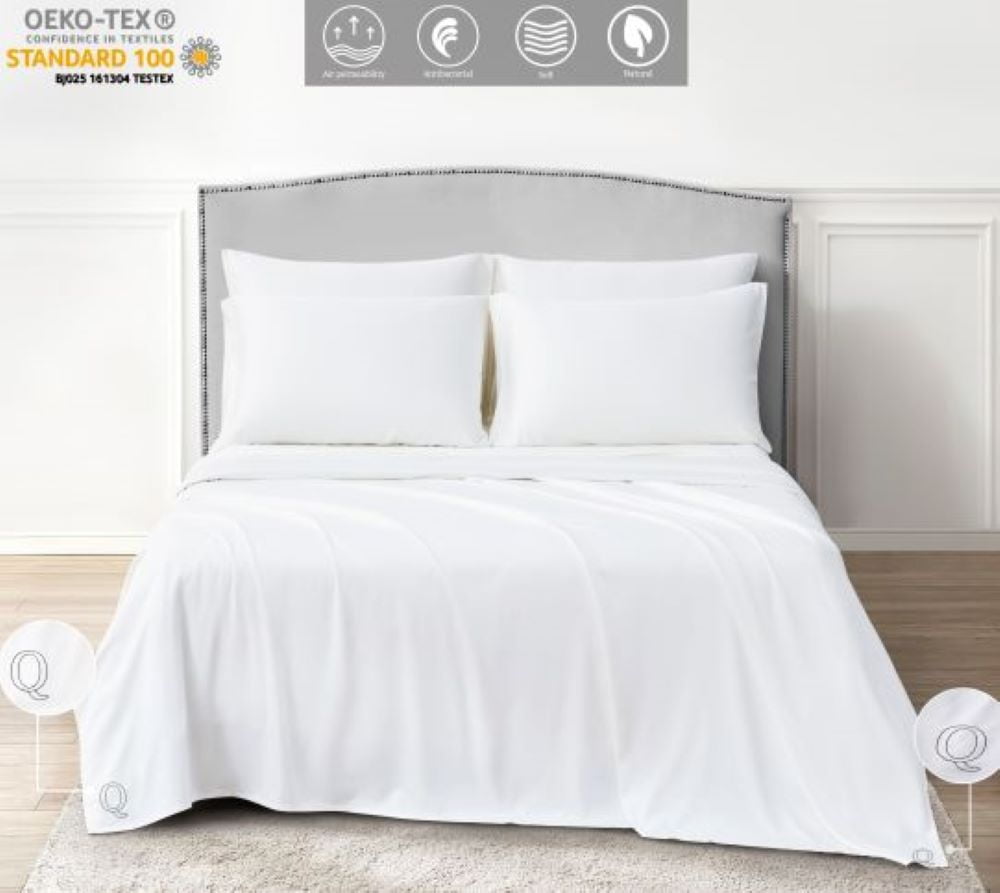 Bambusa: 100% Bamboo Viscose 7-Pcs Bedding Set | Ultra Soft & Cooling | Deep Pocket Fitted Sheet | (Queen, White Sheet Set)