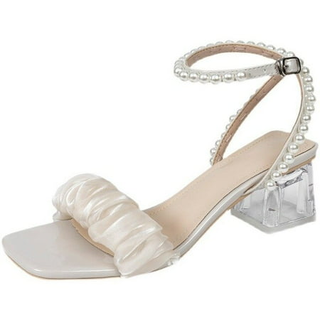 

2022 Women Sandals Summer Square Toe Thick Med Heel Buckle Strap Ladies Sandals Fairy Fashion Gentle Leisure Solid Females Shoes