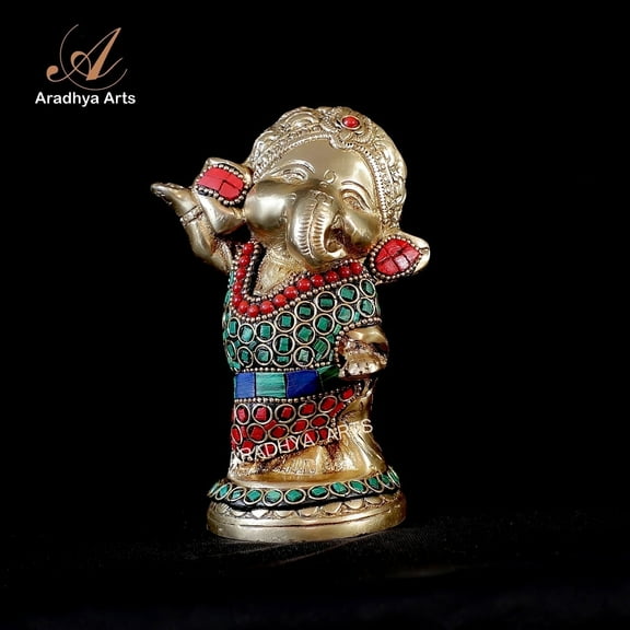 Aradhya Arts Brass Ganesh statue of 3.15x2.36x5.12 Inch symbol of Blessing for Temple Office Home Décor Gift with Chhalla, Gold, , 1 Count