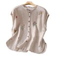 thumbnail image 4 of TEAJOPSUU Womens Loose Tank Tops Cute Floral Embroidery Ruffle Trim Sleeveless Blouse Round Neck Button Front Solid Color Shirt for Summer Daily Wear Khaki, 4 of 8