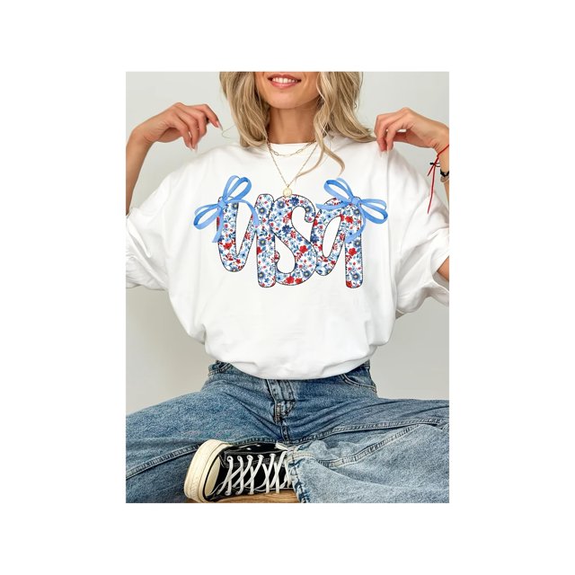 Women's Patriotic uSa Flag Bowknot alphabet Letter Printed T-Shirt Soft Round Neck Short Sleeve Casual Top with Stars Stripes Design