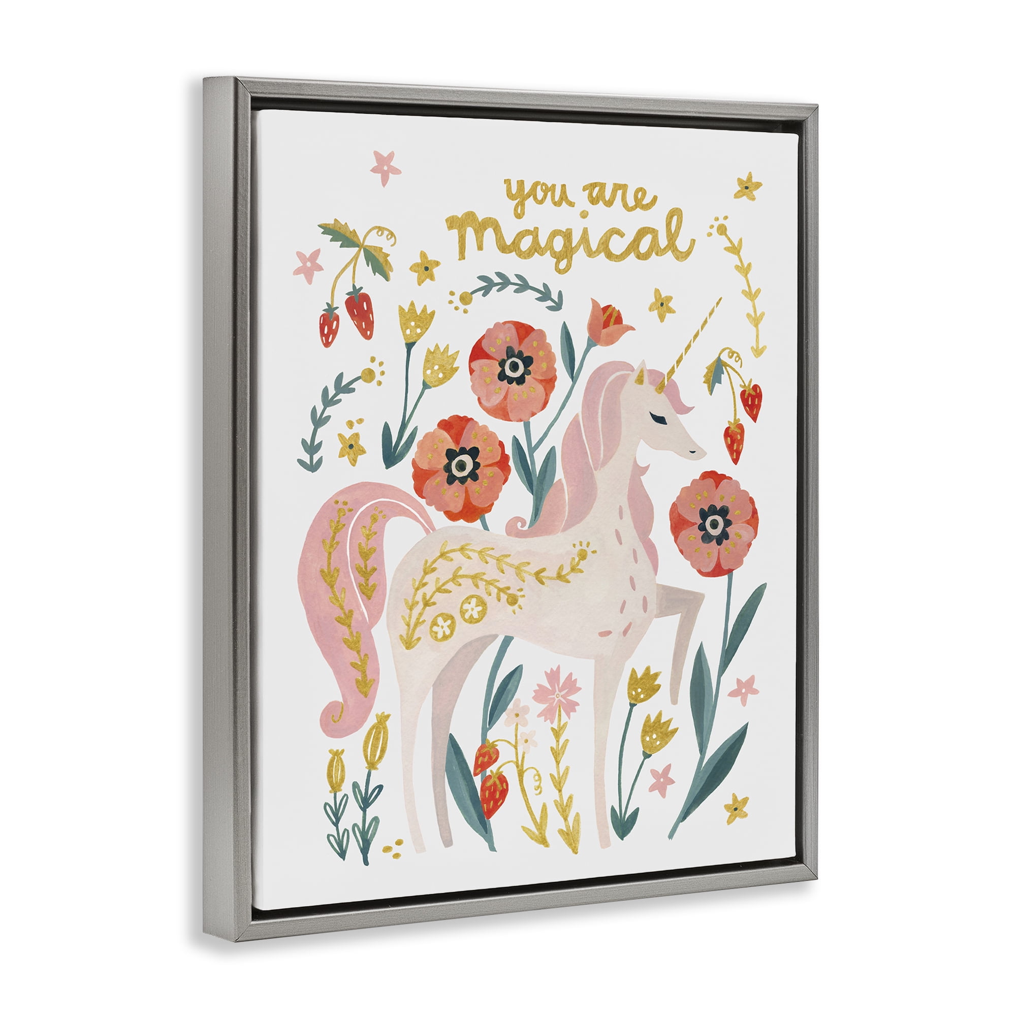 Stupell Industries Magical Pink Unicorn & Florals Fantasy & Sci-Fi Painting Gray Floater Framed Canvas Art Print Wall Art, 17 x 21