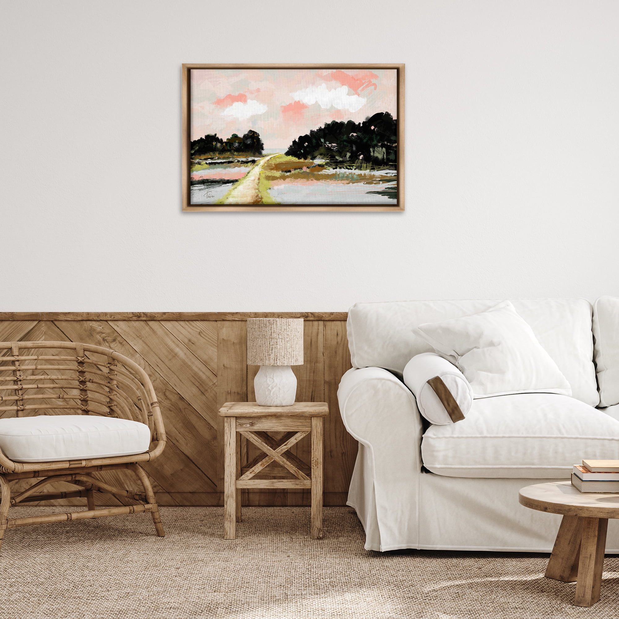 Stupell Industries Nature with Blush Sunrise Landscape & Nature Painting Brown Floater Framed Canvas Art Print Wall Art, 31 x 21