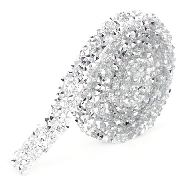 Rollo de envoltura de malla de diamante para bricolaje, decoración de cinta de diamantes de imitación de cristal (blanco plateado)