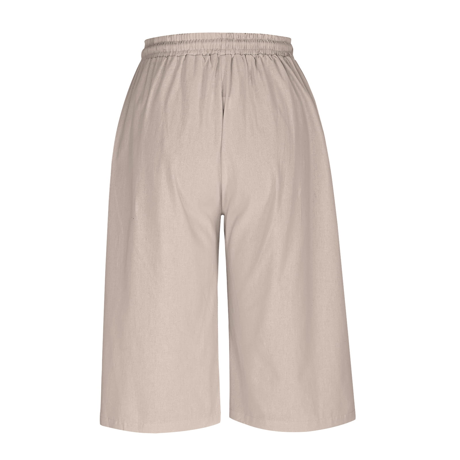 AKOEE Linen Capris for Women Summer Casual with Pockets Lightweight Cropped Straight Leg Drawstring Capri Pants (L, Khaki)